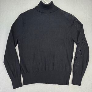 Mercer & Madison Women Sweater L Black Merino Wool Turtle Neck Embroidered